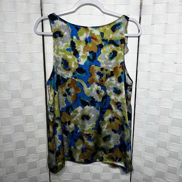 Theory Womens Silk Sleeveless Blouse Size Large Abstract Watercolor Ruffle Tank - Picture 11 of 12